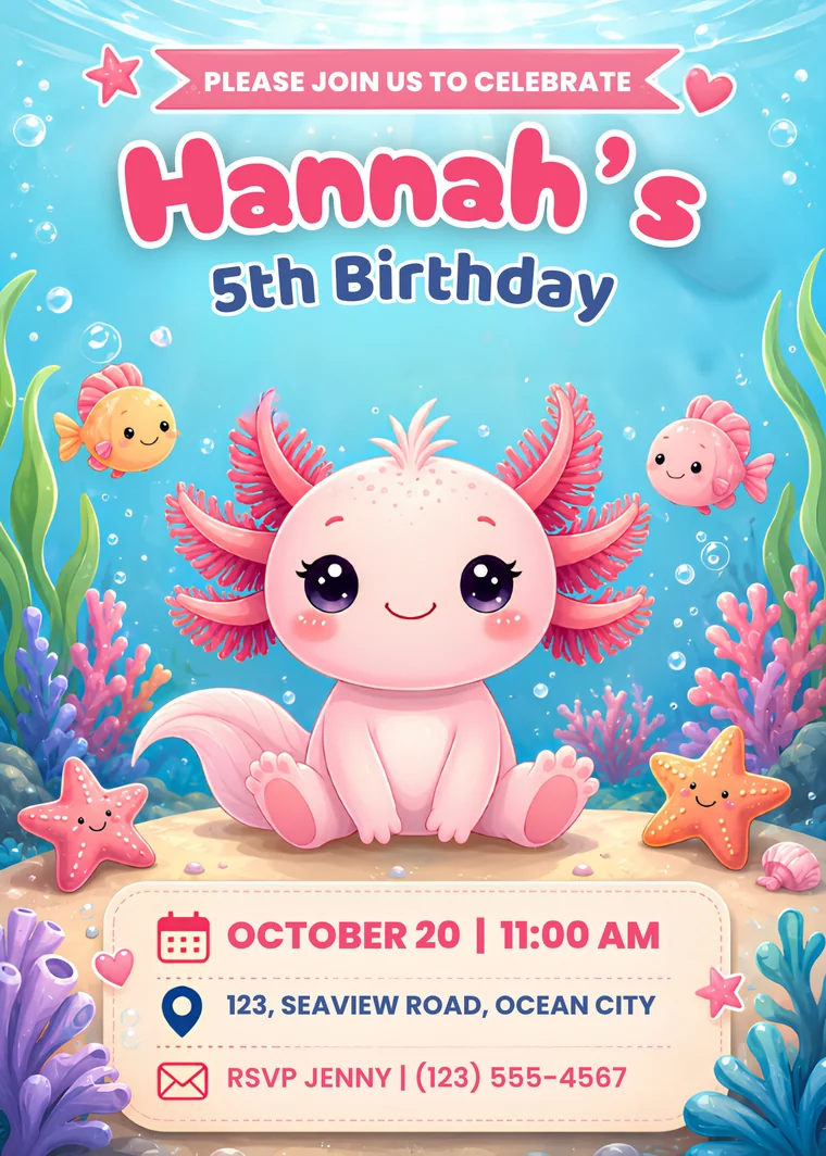 Axolotl birthday invitation