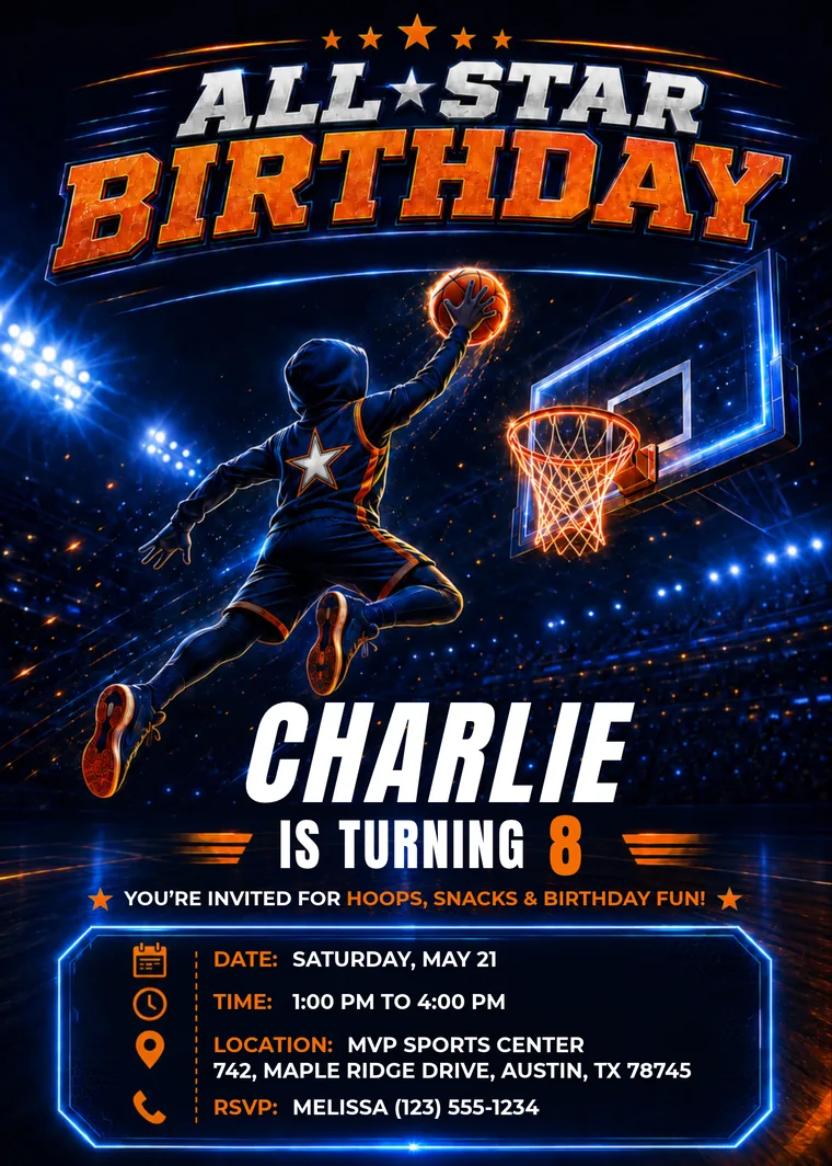 Editable All Star basketball birthday invitation