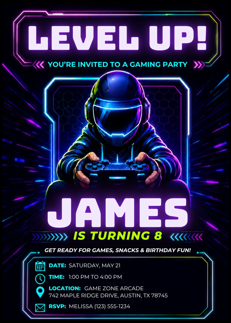 Editable neon gaming birthday invitation