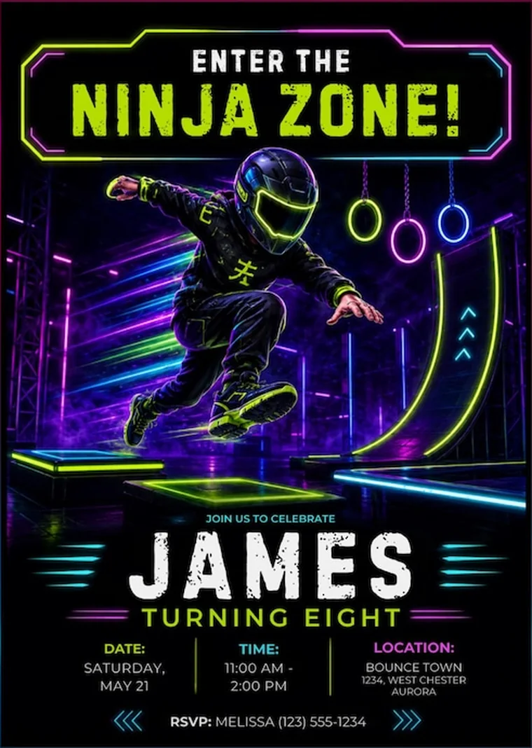Neon ninja obstacle course editable birthday invitation